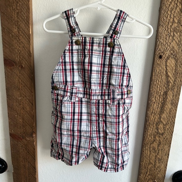 Y2K Gymboree Baby Boy Plaid Red White Blue Overalls Shortalls 6-12 M 100% Cotton - Picture 2 of 14